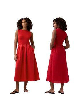 GAP Midi Dress Womens L/P Red Boatneck Sleeveless Elastic Waist Pockets A-Line